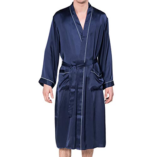 COLD POSH 19MM Mulberry Silk Robe Men Lightweight Kimono Long Bathrobe for Mens Summer Pajamas Set(Navy Blue Large)