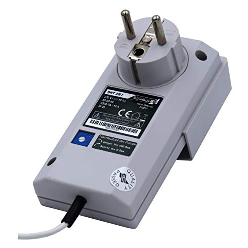 Schabus SHT 218 Wassermelder zur Pumpensteuerung ohne Akustik. Schaltet angeschlossene Pumpe bei Wasserkontakt EIN und nach einstellbarer Nachlaufzeit und Abtrocknen des Sensors wieder AUS.