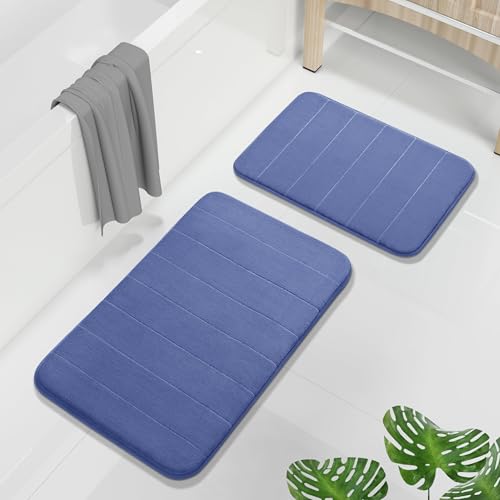 Image of Yimobra Memory Foam Bathroom Rugs Sets 2 Piece - Super Soft Absorbent Quick Dry Bath Mat Set, Machine Washable Non Slip Floor Carpet for Tub Shower & Single Sink (17x24 & 31.5x20 Inch, Navy Blue)