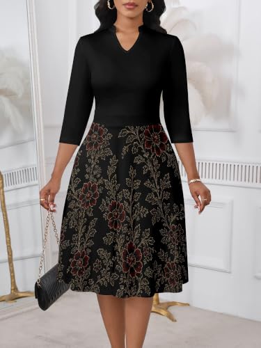 Image of PinkPatty Women's Casual A-line Midi Dresses 3 /4 Sleeve V Neck Fit and Flare Dress with Pockets