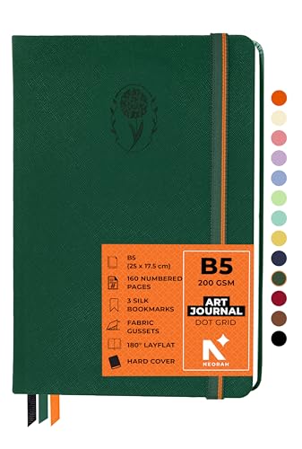 Image of NEORAH - B5 - ART JOURNAL | 200Gsm Dotgrid Notebook |160 Pages(25.0 x 17.5 cm) | Lay Flat |HardCover Bullet - Journal |3 Bookmarks |Elastic Closure| Inner BackPocket | Ideal-Bujo,Drawing (DARK GREEN)