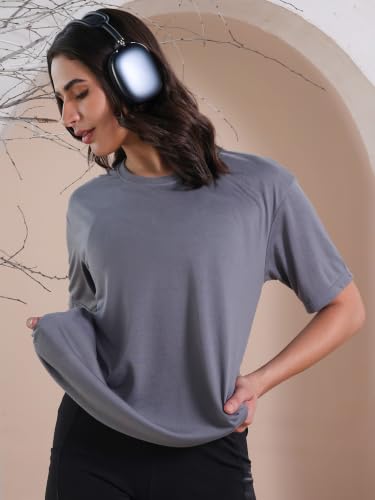 Image of CHKOKKO Oversized Round Neck Drop Shoulder Solid Polyester Full Sleeves T-Shirt for Women