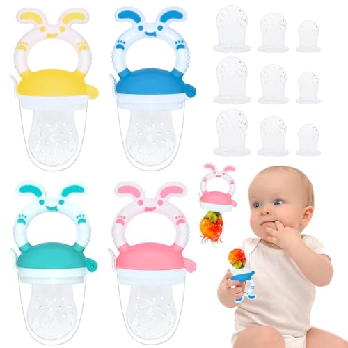 4 pcs Baby Fruit Pacifier + 9pcs Silicone Teats (3 x 3), for Teething Infant Pacifier for Fruit Teething, mordedor analgésico, para puré de frutas y verduras, alimento complementario
