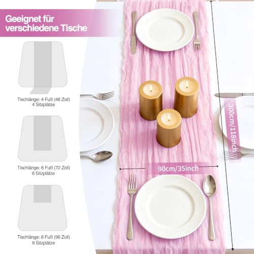 3 Stück Käsetuch Tischläufer Hellrosa, 300 x 90 cm Boho Gaze Tischläufer Cheesecloth Läufer für Hochzeit, Geburtstagsfeiern… – Ansicht 2