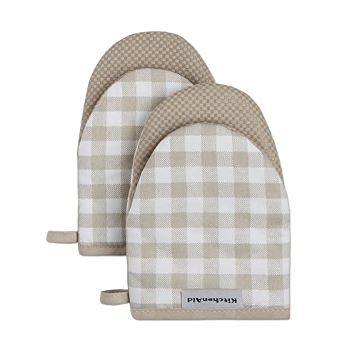 KitchenAid Gingham Mini Oven Mitt 2-Pack Set, Milkshake Tan, 5.5