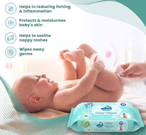 Image of [ ] GLIDER Baby Wipes | 25 Wipes /Pack | Soft and Thick with 98% Water | Aloe Vera & Vitamin E | (Pack of 4 (100 Wipes)