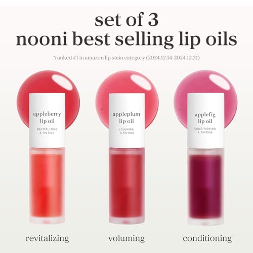Image of NOONI Korean Lip Oil Set - Appleberry, Appleplum & Applefig - Long-Lasting, Moisturizing, Revitalizing - Waterproof, No Peel Off, Stocking Stuffers (3EA, 0.12 fl oz)