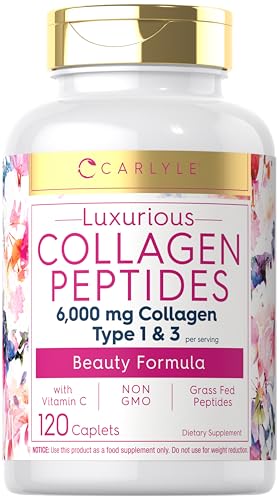 Carlyle Collagen Peptides with Vitamin C | 6000mg | 120 Caplets | Grass Fed Type II & III | Beauty Formula | Non-GMO, Gluten Free Supplement