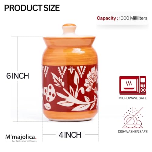 Image of Orange Mushroom Ceramic Handglazed Pickle Jars Set of 2-1000 ML Each | 1 kg Achaar Martban Barni Jar with Lid | Ceramic Storage Jar Container Pickle, Chatney