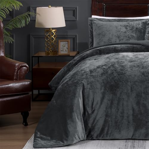 TAMGHO Crushed Velvet Grey Comforter for Queen Size Bed, Luxury Soft Velvet Bedding Set for All Seasons, 3pc Grey Bed Set Queen, 1 Comforter (92"x96") and 2 Pillow Shams (20"x26"+2")