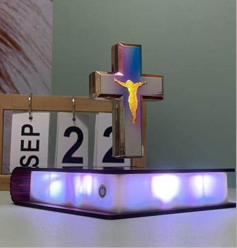 Image of Levitating Cross Lamp Floating Jesus & Bible Night Light Colorful Magnetic Levitation Cross Ornament Glowing Cross Light Home Desk Decoration