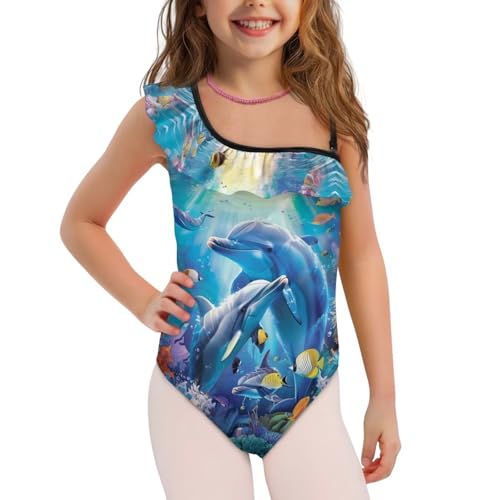 Image of Xpyiqun Swimsuits for Girls 3-14 1-Shoulder Ruffle Bathing Suit One Piece Adjustable Halter Swimming Wear