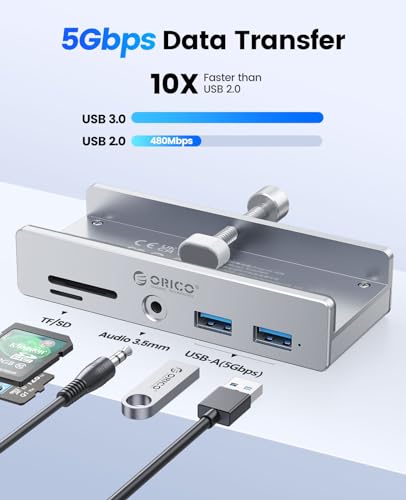 Hub USB 3.0, Hub USB a pinza con lettore di schede SD/TF, Splitter USB con 2 porte USB-A 3.0, audio da 3,5 mm, 5 Gbps, collegamento alimentazione 5V, per monitor, desktop - Hub USB - Immagine 1