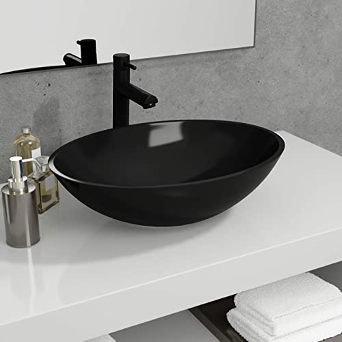 ZEYUAN Lavabo de Vidrio, Lavabo sobre Encimera, Lavamanos para Baños, Lavabo Baño, Mueble Lavabo, Muebles De Baño, Negro 50x37x14 cm