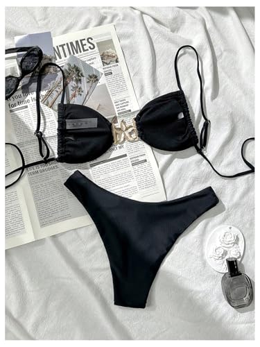 MakeMeChic Women's Bikini Sets Metal Ring Ruched Tie Backless Bathing Suit Swimsuits2