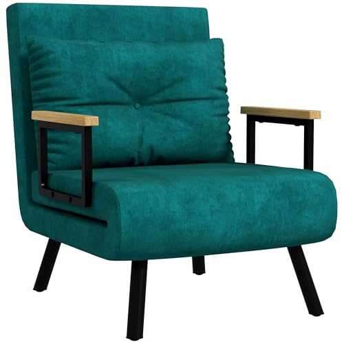 HOMCOM Sofá Cama de 1 Plaza 4 en 1 Sofá Cama Plegable Tapizado en Terciopelo con Respaldo Ajustable de 5 Niveles y Almohada Acolchada para Oficina Dormitorio Salón 63x73x81 cm Verde
