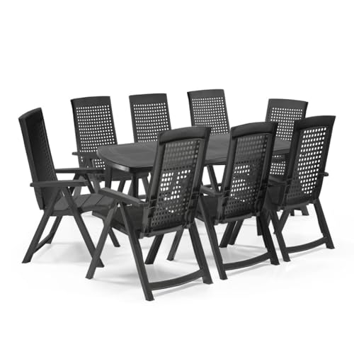 Gartenmöbel Set für 8 Personen Gartentisch ausziehbar Garten Stühle mit Balkon Tisch Lounge Möbel Outdoor Klappstuhl wetterfest Terrassenmöbel Set Gartengarnitur mit Esstisch 170/225 cm x 100 cm