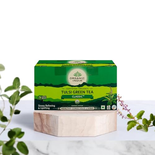 Image of A TATA Product - Organic India Tulsi Green Tea Classic - 25 Tea Bags, Uplifts Mood, Rich in Antioxidants, Blend of Rama, Krishna & Vana Tulsi, Certified Organic (Pack of 3)