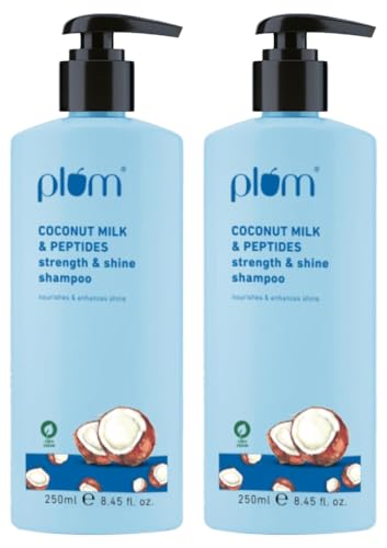 Plum Coconut Shampoo for Dull Hair with Coconut Milk and Peptides for Strong & Shiny Hair I 22x shine I Soft, silky hair I Shampoo for Women and Men | SLS sulphate and paraben free shampoo I 250ml (Pack of 2)