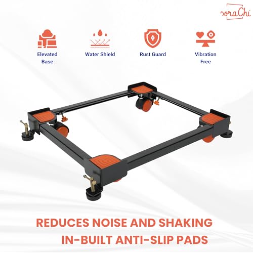 Image of SoraChi Adjustable Iron Washing Machine Stand with Wheels | Elevates Appliances to Prevent Water Damage & Reduce Vibrations | Universal Fit for Washers & Refrigerators (Black Orange)