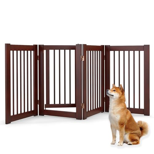 SOARS Cancelletto per Cani Pieghevoli 207 x 77 cm, Barriera per Cani in Legno a 4 Pannelli con Porta a Serratura, Recinzione per Scale, Ingressi e Corridoi (Marrone)