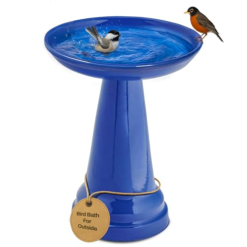 Birds Choice Ohio Stoneware Bird Bath | Pedestal Bird Bath, Stable Locking Top | Weather-Resistant Ceramic Clay, Glazed Finish | Outdoor Garden & Patio Decor | 22' H x 17' D, Summer Blue