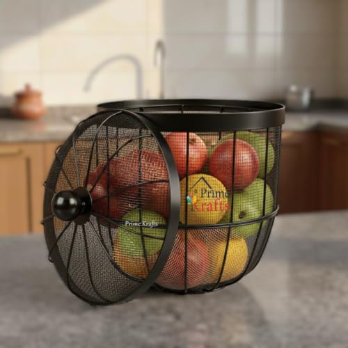 Image of Decorative Insect-Resistant Fruit and Vegetables Basket with Lid | Countertop Mesh (Jaali) Design Fruit Storage Basket for Kitchen, Dining Table, Living Room - Black