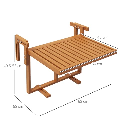 Outsunny Mesa Colgante de Balcón Mesa para Balcón Plegable de Madera con Altura Ajustable en 4 Niveles Carga 20 kg para Terraza 68x65x40,5-55 cm Madera Natural - imagen 3