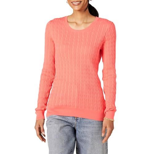 Amazon Essentials Women's Lightweight Long-Sleeve Cable Crewneck Sweater (Available in Plus Size), Coral Pink, X-Large