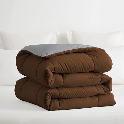 Image of Restful Sleep Reversible All Weather Comforter King Size - Dohar /Rajai /Blanket /Duvet -250 GSM Quilt Soft Microfiber Fill King Size (92 inchX106 inch) - Chocolate Brown /Silver Grey Color