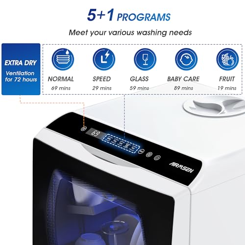 AIRMSEN Countertop Dishwasher - 8 Wash Programs and 3 Useful Function, Integrated Water Softener, Delayed Start, Child Lock, No Hookup Needed, Portable Mini Size for Home, Apartments & RVs