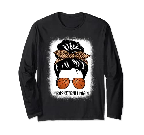 Mamá Vida Baloncesto Blanqueado Moño Desordenado Pelo Estampado Leopardo Manga Larga
