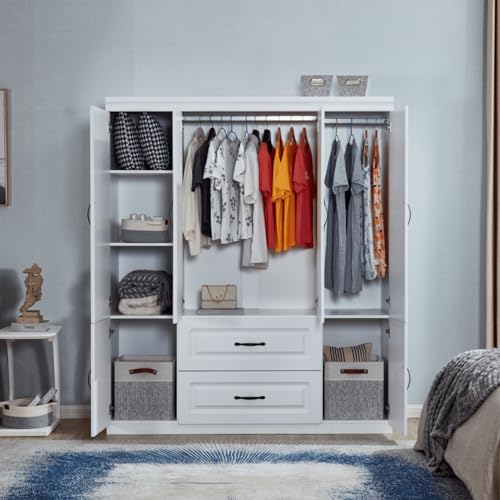 4-Doors-Classic-White-Large-Freestanding-Wardrobe-Armoire-Wooden-Closet-Cabinet-with-Hanging-Rod-Shelves-Bedroom-Clothes-Storage-Bathroom-Wood-Organizer205-D-x-63-W-x-710-H 4 Doors Classic White Large Freestanding Wardrobe Armoire Wooden Closet Cabinet with Hanging Rod Shelves Bedroom Clothes Storage Bathroom Wood Organizer205 D x 63 W x 710 H