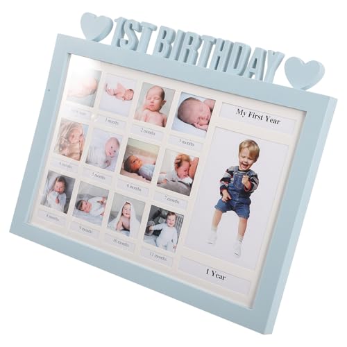 POPETPOP Marco de Fotos Conmemorativo para Ñiño Primer Cumpleaños, Marco de Crecimiento para Bebés 12 Fotos Mensuales, Color Azul, Álbum Recuerdos para Fiesta de Bienvenida y Obsequio Ñiño