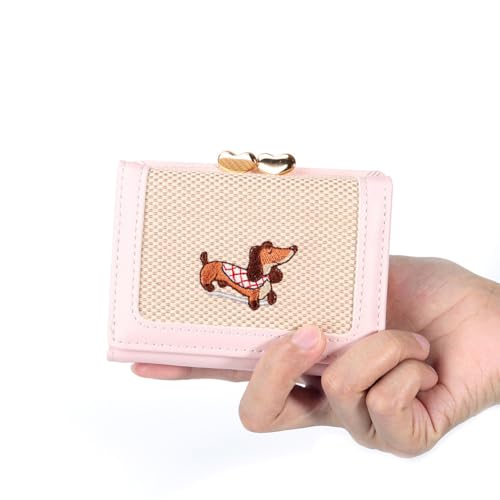 Women Embroidered Dachshund Short Wallet, PU Leather Lovely Cartoon Change Purse, Multi-Card Slots & Coin Pocket for Holder (Pink)2