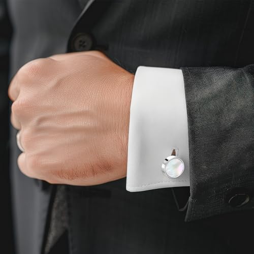 Ouligay Mother of Pearl Cuff Links Mens Black Cufflinks for Men Groom Classic Shirt Tuxedo Cufflinks Men\'s Cuff Links for Wedding Groomsmen Father Husband Boyfriend Halloween - Thumbnail 2