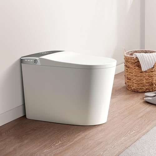 Inodoro inteligente con descarga potente, bidet con agua tibia instantánea, inodoro moderno alargado sin tanque, asiento bidet calefactado y secador, pantalla LED, luz nocturna y desodorización (Blanco) miniatura 1