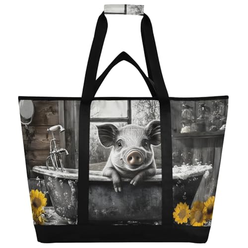 Pig Bathtub Sunfloer Large Insulated Tote Bag for Grocery Shopping Reusable Tote Bags for Women Men, Cooler Bag with Zippered Top & Handles for Beach Picnic Travel