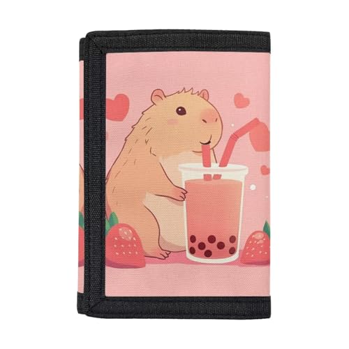 Dolyues Milk Tea Wallets for Girls Capybara Mini Compact Purse Organizer Cash Card Holder Bag Trifold Outdoor for Kids Cute Coin Purses Money Clip