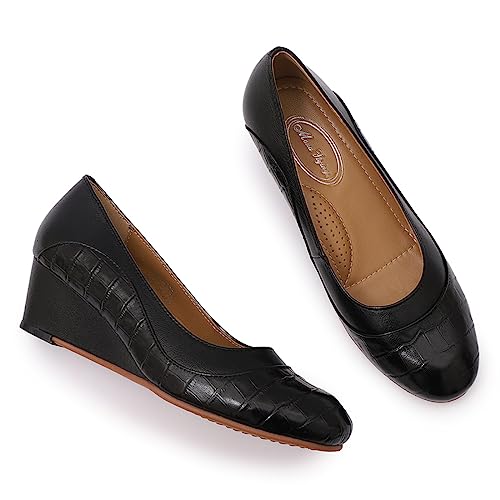Image of Mona flying Women's Leather Closed Toe Mid Heel Wedges Comfy Dress Pumps