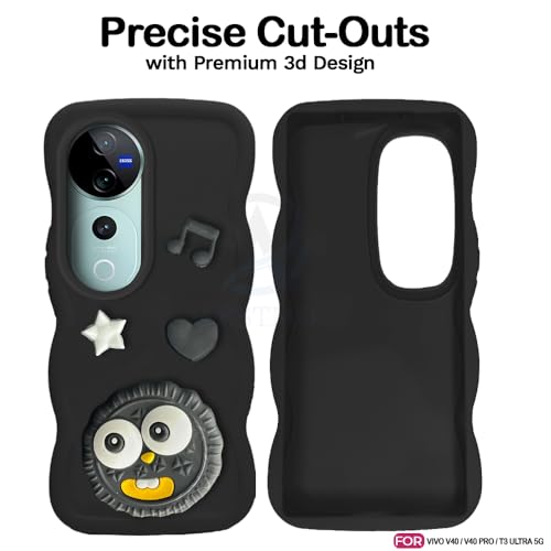 Image of AESTMO Back Case Cover for Vivo V40 / V40 Pro / T3 Ultra 5G | 3D Cute Fun Cartoon Characters | Anti Slip Grip Cute Wave Curly Frame Shape | Full Body Protection Back Cover (Black)