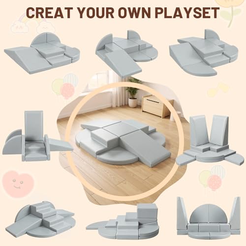 Image of TODIBY 9-Piece Climbing Toys for Toddlers: Soft PU Leather Foam Blocks - Baby Climb and Crawl Activity Blocks - Kids Play Gym Equipment Indoor for Development(Grey)