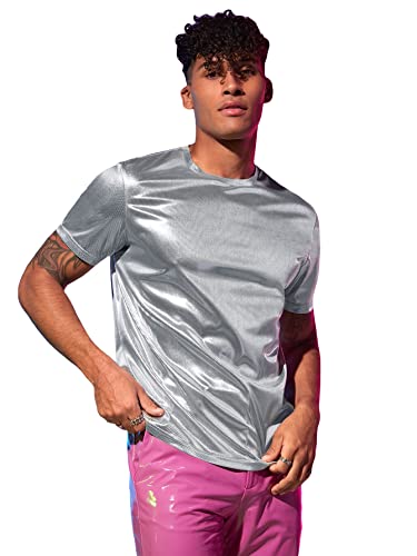 WDIRARA Men's Metallic Round Neck Short Sleeve Tee Party T Shirt Top