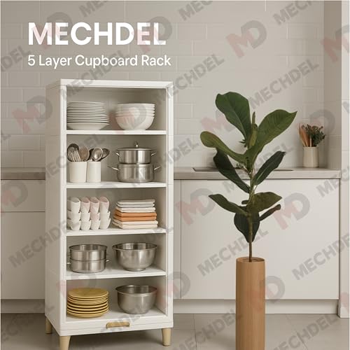 Image of mechdel Plastic Rack /Kitchen Cupboard /Cupboard Rack /Stackable Rack /Wardrobe for Clothes /Multipurpose Organizer /Closet for Bedroom /Living Room /Laundry Room /Bookshelf (Cupboard Rack-White, 5PCS)