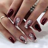 Dark Red Press on Nails Christmas Short Square Silver Fake Nails Wine Red Line Glitter Glue on Nails Acrylic Nails Glossy Silver Stick on Nails Artificial False Nails for Women Girls Manicure24pcs…