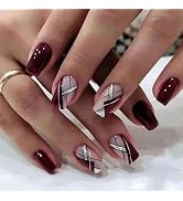Burgundy Press on Nails Short Square Silver Fake Nails Wine Red Line Glitter Glue on Nails Acryli...
