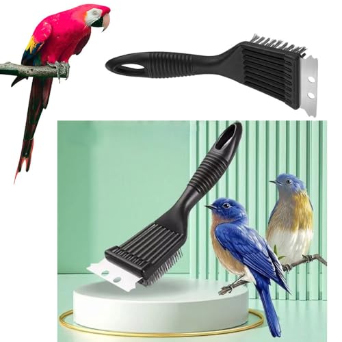 Image of 2 Pack Bird Droppings Cleaning Brush with Scrapper Stainless Steel Bird Cage Brush Bird Poop Remover Birdcage Stain Cleaning Tool for Bird Cage and Surface Cleaner Spray Scrubbing Wipes