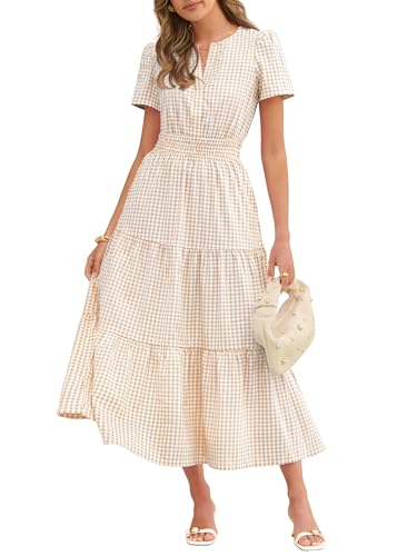 Caracilia Womens Summer Maxi Dresses 2026 Spring Casual V Neck Short Sleeve Gingham Flowy A-Line Beach Vacation Party Dress Light Yellow Gingham Medium