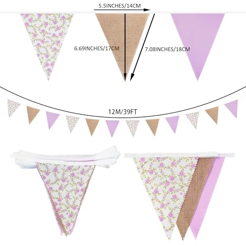 Image of Zwiebeco 39Ft Purple Floral Fabric Pennant Banner Vintage Burlap Triangle Flag Retro Flower Bunting Party Decoration for Birthday Engagement Wedding Bridal Baby Shower Rustic Village Home Garden Decor