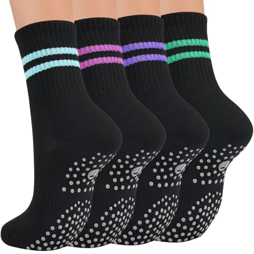 Image of Toes Home Pilates Socks for Women with Non Slip Grippers, Yoga Crew Socks for Barre Hospital Sticky Slipper Socks 4 Pairs